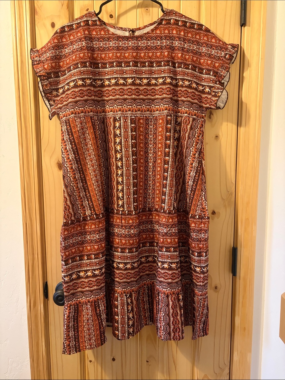 Boho Tiered Patterned Dress in Rust and Cream